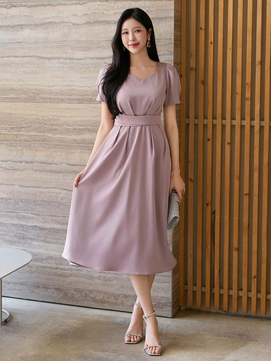 DAZY Solid Color Square Neck Puff Sleeve Pleated Midi Dress For Women Elegant Sundress - Pink - View 1