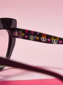 THE POWERPUFF GIRLS X SHEIN 花朵、泡泡、毛茛印花时尚猫眼时尚眼镜 - 黑色 - 查看 2