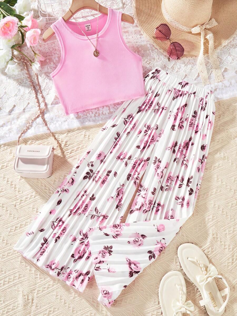 SHEIN 女童 2 件套:纯色圆领吊带背心和花卉印花褶皱长裤 - 粉色 - 查看 1