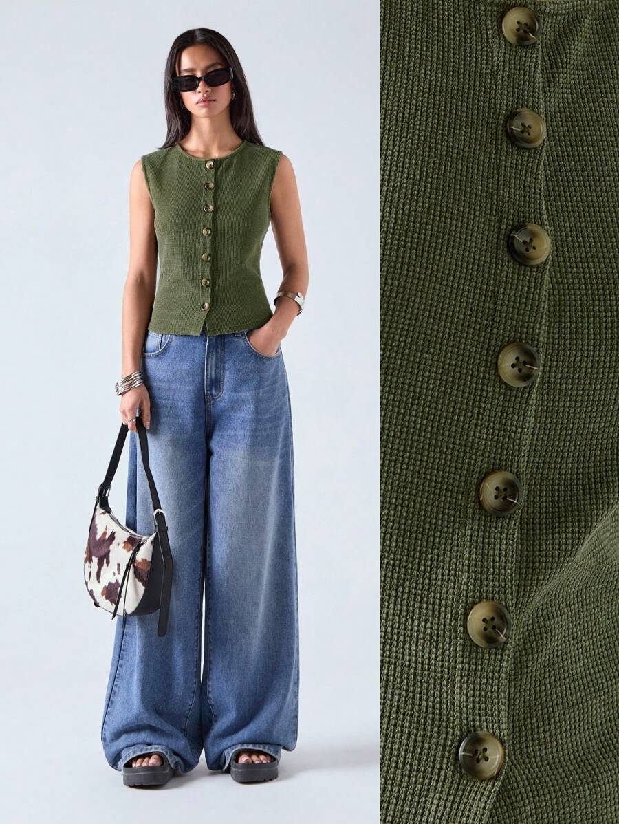 LYSMO 女士斑点针织背心-2025 年春夏新品 - 綠色 - 查看 1