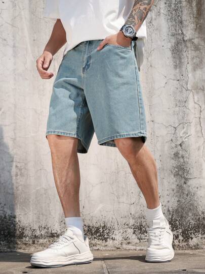 Manfinity Homme Men's Summer Casual Washed Wide Leg Denim Shorts Jorts