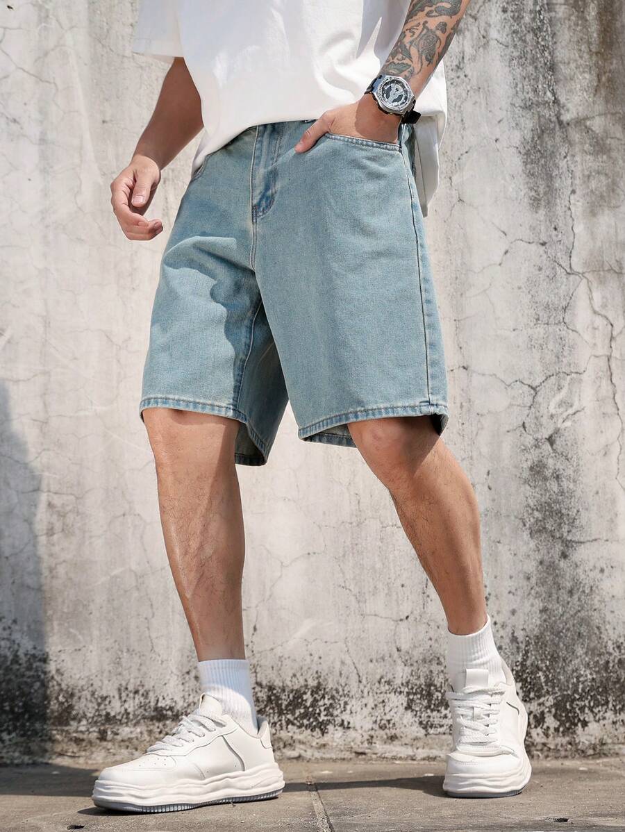 Manfinity Homme Men's Summer Casual Washed Wide Leg Denim Shorts Jorts - Light Wash - View 1