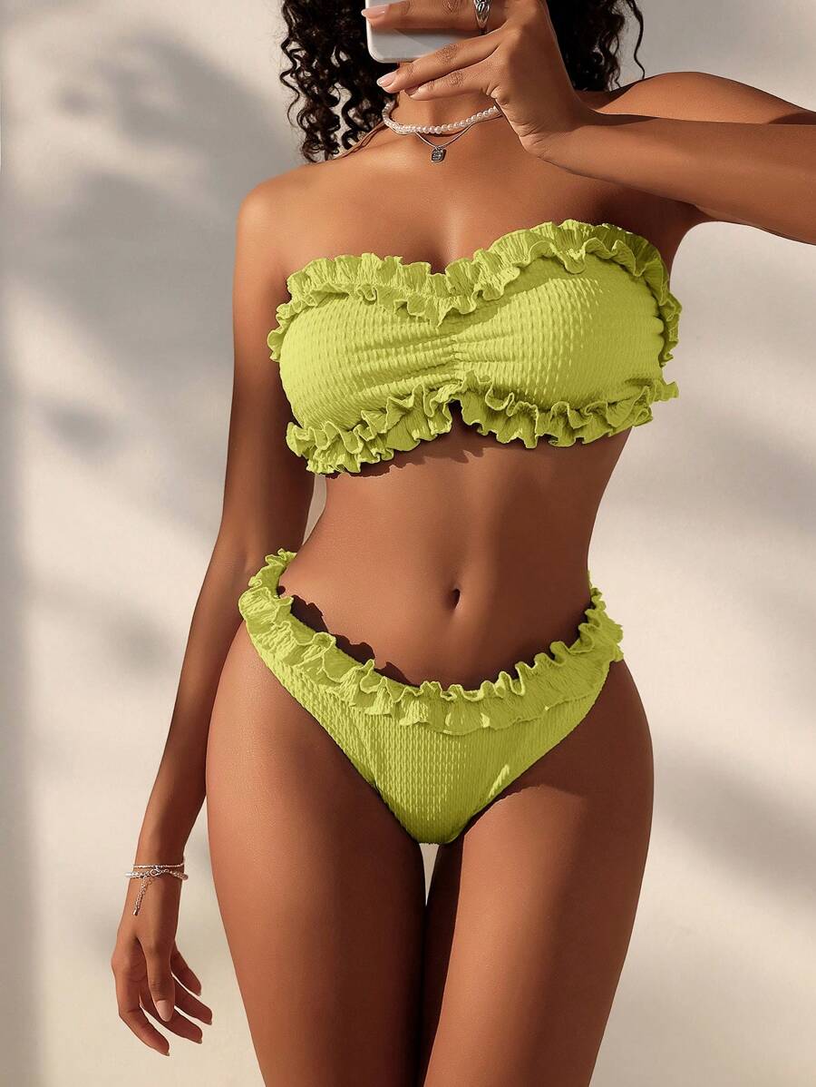 Swim Mod 女士纯色荷叶边泳衣套装，适合度假和海滩