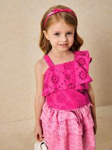 SHEIN Áo dệt thêu màu hồng tươi thanh lịch cho bé gái, mùa xuân/hè - Đỏ - Xem 5