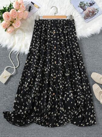 SHEIN LUNE Vêtements d'été Jupe longue imprimé léopard avec décoration de bouton sur le devant pour femmes en grande taille, vêtements d'été