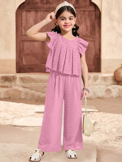 SHEIN 2pcs/Set Girl's Woven Solid Round Neck Ruffle Trim Top And Loose Woven Wide Leg Pants