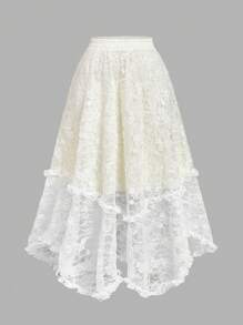 SHEIN MOD 大码优雅蕾丝不对称下摆半身裙 - 米色 - 查看 1