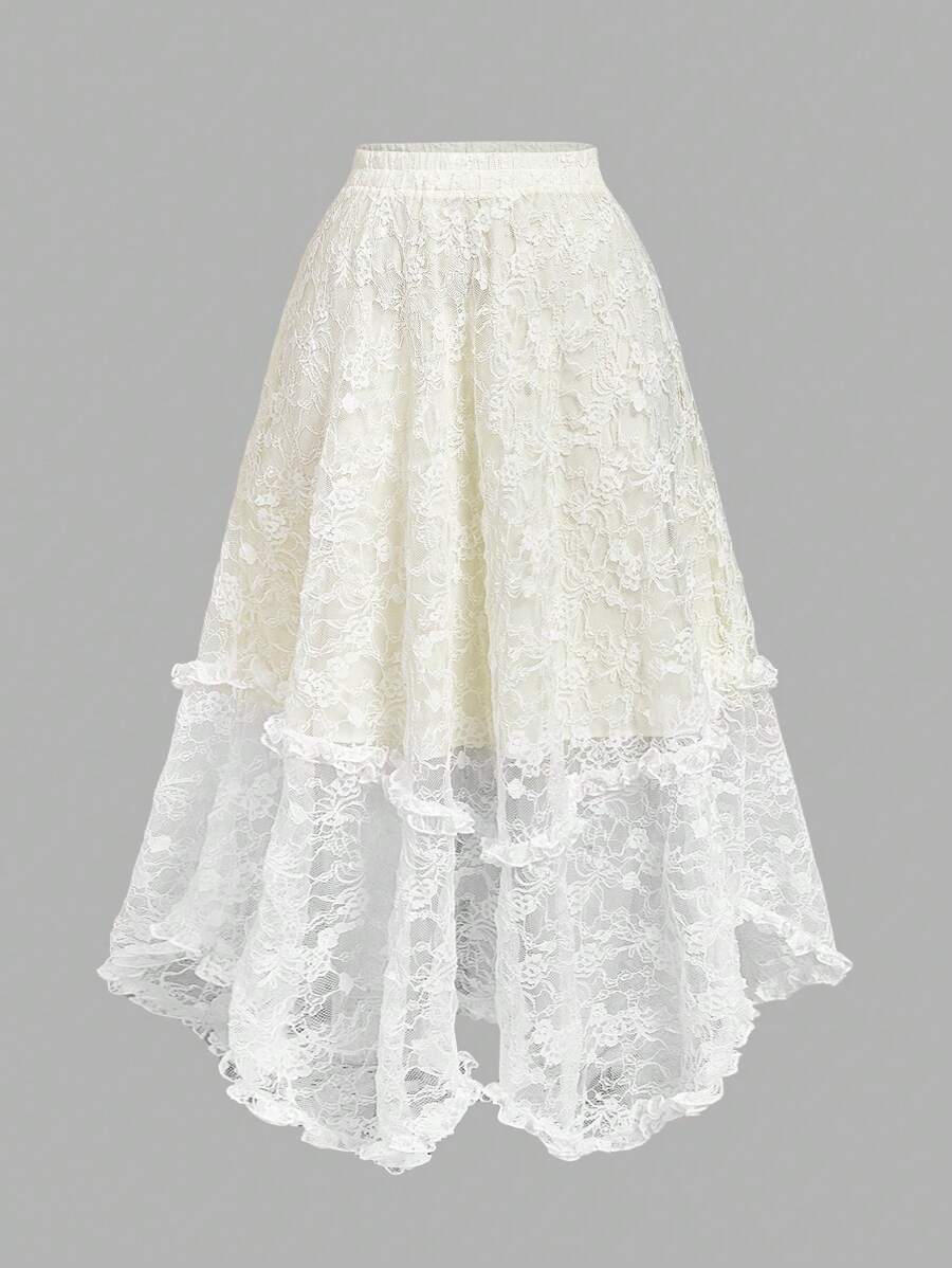 SHEIN MOD 大码优雅蕾丝不对称下摆半身裙 - 米色 - 查看 1