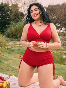 Swim Mod Plus Size Cherry Print Colorblock Bikini Swimsuit Set, Vacation Style For Girls For Summer - Multicolor - View 2