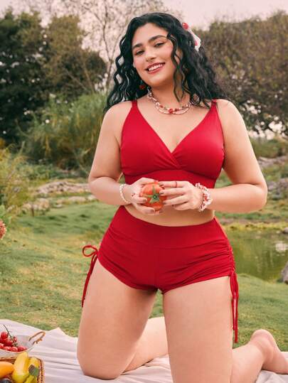 Swim Mod Set Baju Renang Bikini Colorblock Motif Ceri Ukuran Plus, Gaya Liburan untuk Anak Perempuan di Musim Panas