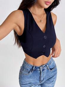 SHEIN PETITE Women's Navy Blue Sleeveless Knitted V-Neck Casual Crop Blazer Vest With Button Front And Asymmetrical Hem In Fall/Winter - Navy Blue - View 6