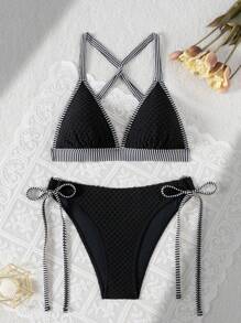 SHEIN Swim 2pcs Textured Multi-Color Cross-Strap Sexy & Elegant Bikini Set, For Vacation, Beach, Pool Party For Summer - Black and White - View 7