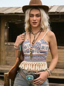 SHEIN LUNE Women's Boho Floral Print Tasseled Patchwork Spaghetti Strap Cropped Casual Tank Top For Outdoor & Home Wear - Multicolor - View 3