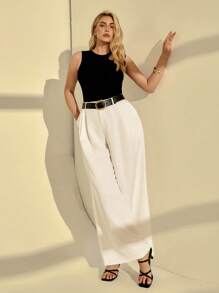 Auralis Plus Size Summer For Women Easter Business Casual Woman Office For Women Work Women Church Women Airport For Women Old Money Style Solid Color Patch Pocket Pleated Wide Leg Loose Casual Pants,White Pants - White - View 1