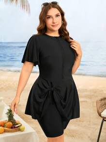 Swim Mulvari Ensemble de maillot de bain grande taille femme avec Top manches courtes couleur unie et short décontracté