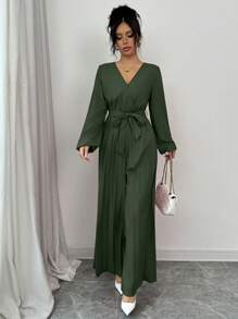 Elenzga Puff Sleeve V-Neck Tie Waist Pleated Wide Leg Jumpsuit, New Spring Collection Fall Cloth For Women - Army Green - View 6