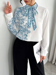 Chiquease 女士秋季花卉印花领带长袖优雅衬衫女士衬衫 - 彩色 - 查看 3