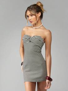 MISSGUIDED Strapless Bandeau Mini Party Dress Stretchy Bodycon Club Night Out Summer Fashion Striped Twist Front Small Dress - Black and White - View 1