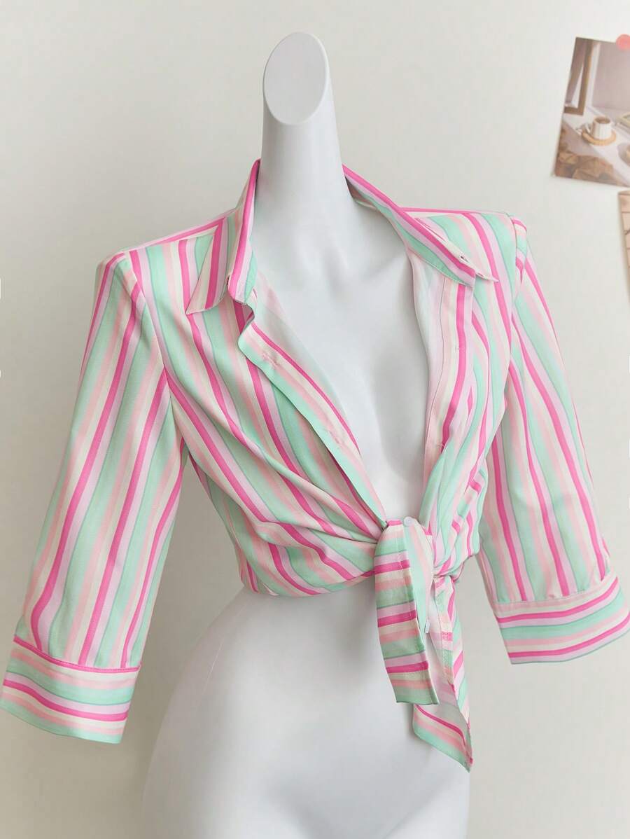 Elamini Colorful Striped Open Front 3/4 Sleeve Women Blouse - Multicolor - View 1