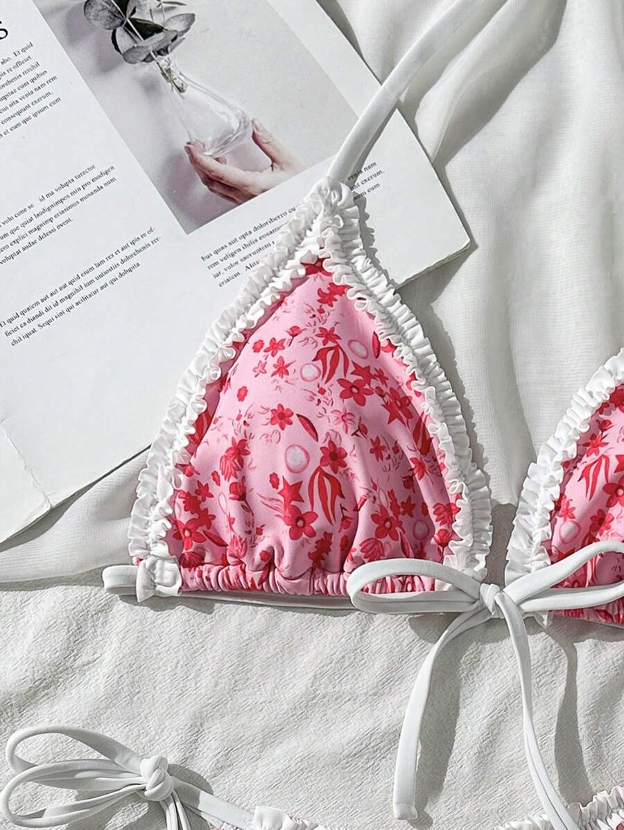 SHEIN Swim Women Summer Beach Vacation Sweet Lovely Random Printed White Frill Tie Bikini Set - Multicolor - View 1