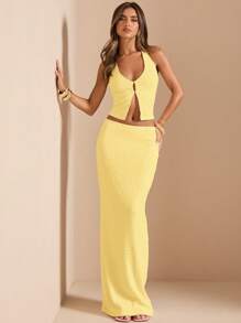 SHEIN BAE 2pcs/Set Women Summer Solid Deep V-Neck Halter Textured Cropped Tank Top & High Waist Maxi Skirt, Holiday White Outfit Island Vacation Outfits - Yellow - View 5