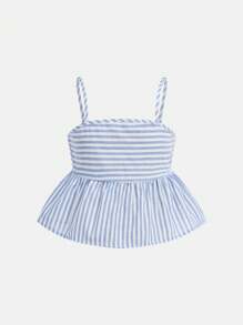 Nova Glow Tween Girls Vacation Casual Woven Blue Striped Cami Top & Wide Leg Pants Set