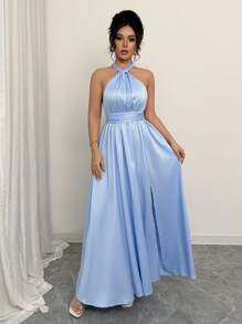 Elenzga Women's Solid Color Crossed V-Neck Slit Hem Elegant Dress - Blue - View 6