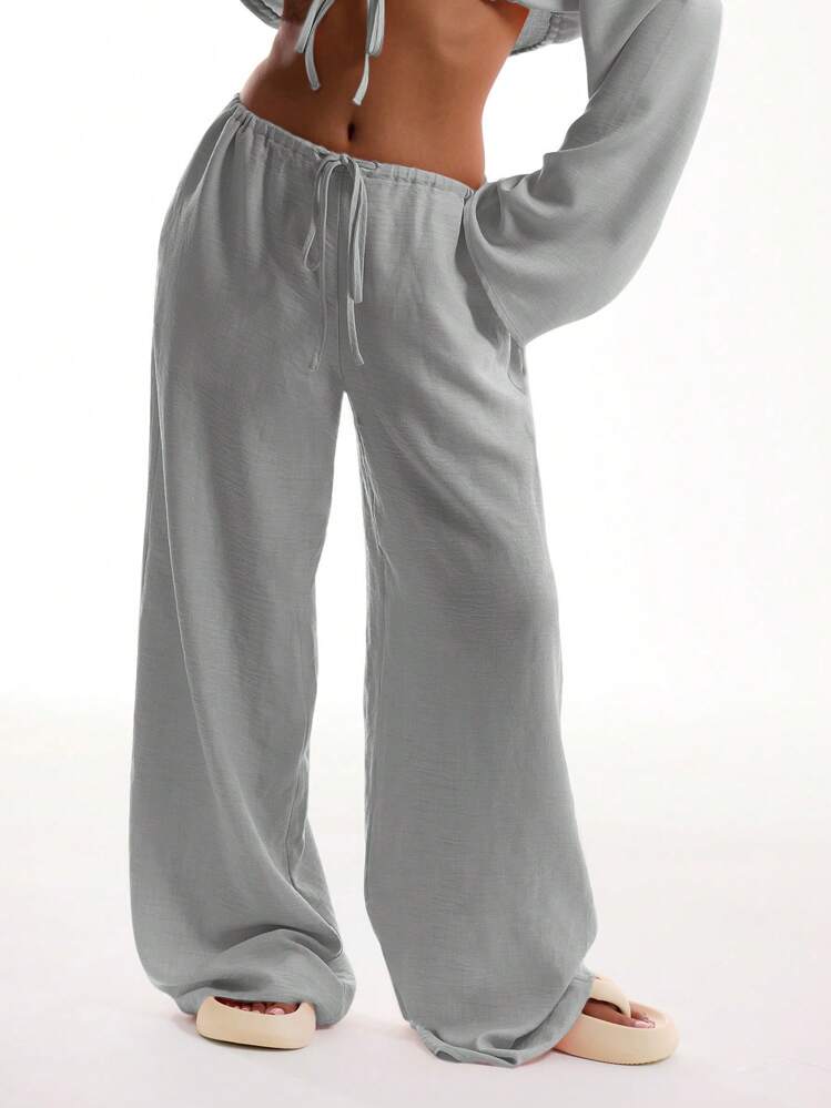 MUSERA Tie Front Linen Feel Beach Trousers Cover Up Summer Boho Vacation Holiday Party Spring Casual - Grey - View 1