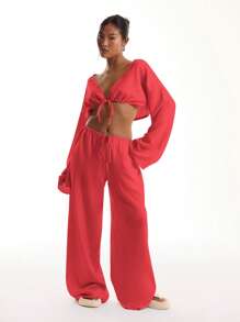 MUSERA 亚麻质感系带宽袖沙滩上衣，适合夏季度假、海滩节、假日外出、夜店等场合，秋季必备。