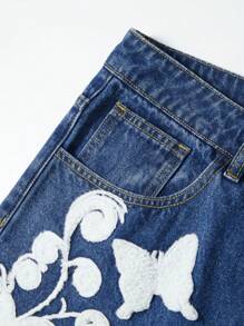 ROMWE MEN Street Life Men's Loose Fit Floral Butterfly Print Patch Pocket Wide Leg Casual Baggy Jeans - Blue - View 4