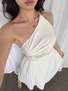 Firerie 女士优雅简约休闲/工作连衣裙，不对称领口带褶饰，纯色中长款