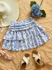 Soleia High Waisted Layered Floral Mini Skirt, Suitable For Spring/Summer Vacation, Garden Party, Dating, Afternoon Tea, Holiday, Music Festival, Bohemian Style
