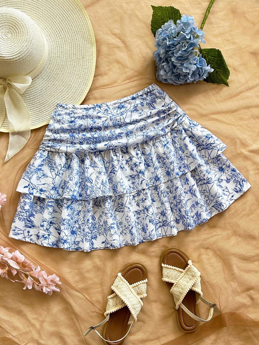 Soleia High Waisted Layered Floral Mini Skirt, Suitable For Spring/Summer Vacation, Garden Party, Dating, Afternoon Tea, Holiday, Music Festival, Bohemian Style