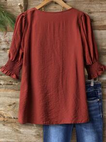 SHEIN LUNE Áo cánh vải lanh pha hoa Boho thanh lịch cỡ lớn 3/4 tay áo thường ngày - Đỏ - Xem 2