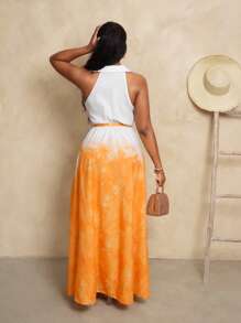 BamGleam Ärmelloses Mini-Kleid mit durchgehendem Muster und Gürtel, sexy Sommer