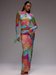 MUSERA Slinky Ruched Front Elegant Longline Flared Sleeve Top Only For Summer Vacation Wedding Guest Graduation Formal - Blue - View 5