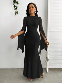 SHEIN Lady Đầm suông dài tay ôm hông phối lưới màu trơn cho nữ, dáng ôm, viền đuôi cá, thanh lịch - màu đen - Xem 7