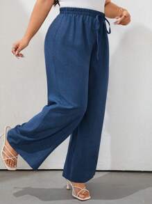 SHEIN LUNE Plus Size Solid Color Fashionable Pants, Suitable For Summer - Blue - View 3