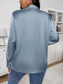SHEIN Frenchy Apricot Satin Basic Open Front Casual Blouse, Suitable For Office, Commute, And Daily Wear, Plus Size - Blue - View 2