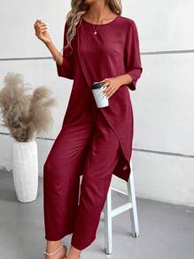 EMERY ROSE 2pcs Set: 3/4 Sleeve Shirt And Elastic Waist Long Pants - Hot Pink - View 6