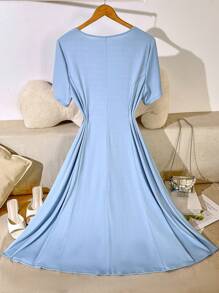 Flirla Plus Size Women Elegant Crew Neck Short Sleeve Minimalist Charming Date/Casual Cinched Waist Dress, Summer - Blue - View 2