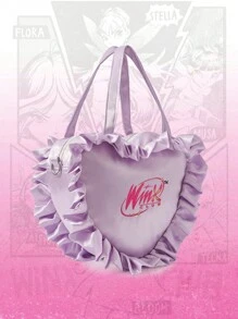 Winx Club X ROMWE Women's Letter Embroidery Ruffle Trim Heart-Shaped Shoulder Bag - Hot Pink - View 5