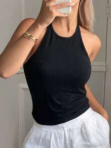 Livesso 纯色简约风格挂脖系带背心，内置胸垫，适合女士健身穿着 - 黑色 - 查看 4