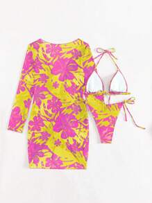 SHEIN Swim 3pcs/Set Printed Bikini Set With Purchased Copyright For Summer Beach Vacation - Multicolor - View 4