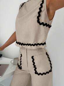 Siren Gaze 2 件套女士夏季服装，撞色饰边衬衫和纯色宽松休闲裤套装，适合日常、办公室、通勤穿着女士工作服女士办公室服装女士优雅服装女士优雅服装两件套，亚麻无袖两件套西装，度假、节日、海滩度假休闲两件套，采用透气亚麻面料，商务休闲女装，女士休闲圆领无袖短款上衣和直筒裤套装，配色块带和口袋，春夏，夏季套装 - 杏色 - 查看 5