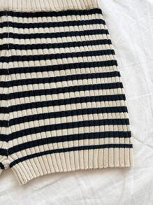 Soleia Women Casual Stripe Drawstring Knit Top + Shorts Set