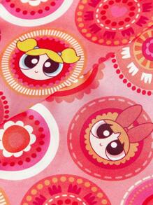 THE POWERPUFF GIRLS X SHEIN Cartoon Blossom, Bubbles, Buttercup Pattern Neck Scarf - Rose Red - View 3