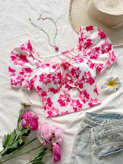 Soleia Bluză scurtă pentru femei, cu imprimeu floral romantic, decolteu în formă de inimă, mâneci bufante, cu nod în față, potrivită pentru sărbători, întâlniri, ceai de după-amiază, vacanță, festivaluri de muzică, stil boem