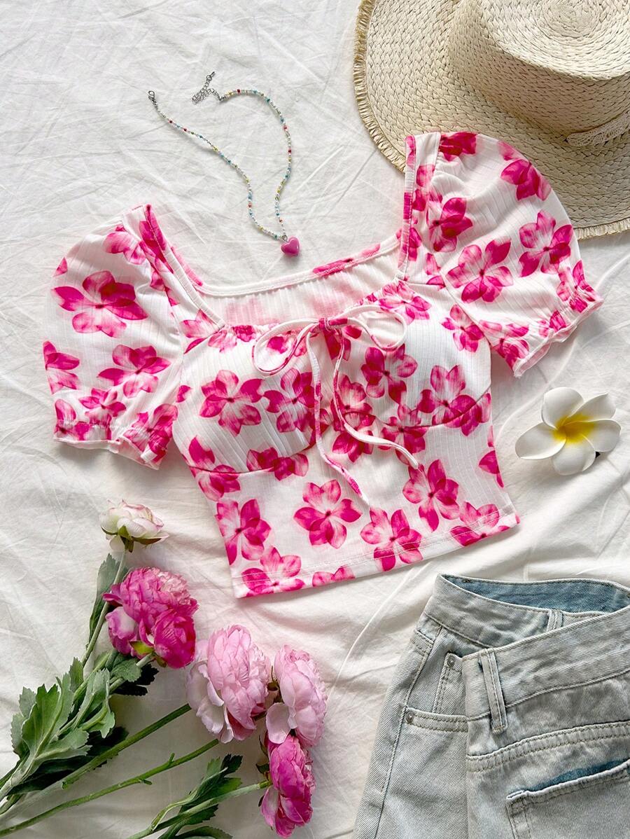 Soleia Áo kiểu nữ dáng ngắn, cổ tim, tay phồng, thắt nơ phía trước, họa tiết hoa lãng mạn, thích hợp cho kỳ nghỉ, hẹn hò, tiệc trà chiều, du lịch, lễ hội âm nhạc, phong cách Bohemian. - Hồng - Xem 1