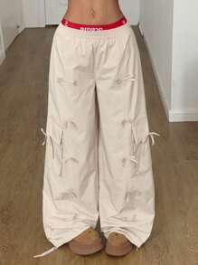 Coolane 女式夏季街头服饰 Y2K 运动休闲 Gyaru Rave 宽松实用口袋阔腿休闲毕业学院风裤带蝴蝶结装饰 - 杏色 - 查看 2